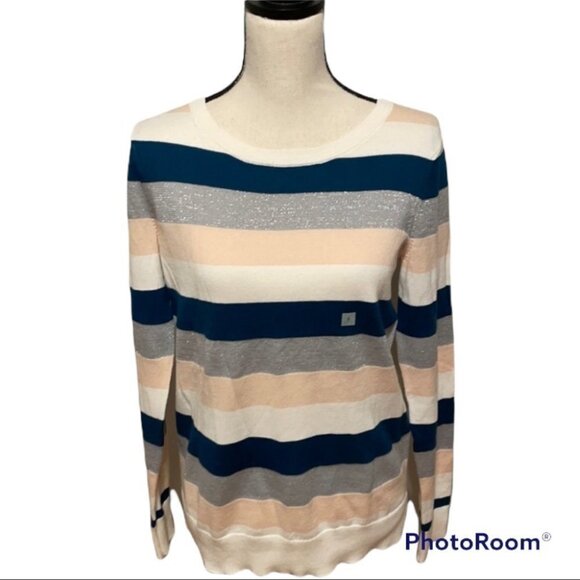 Loft Striped Sweater NWT Teal Pink Metallic Silver White Split Side Hem Soft S - Picture 1 of 7